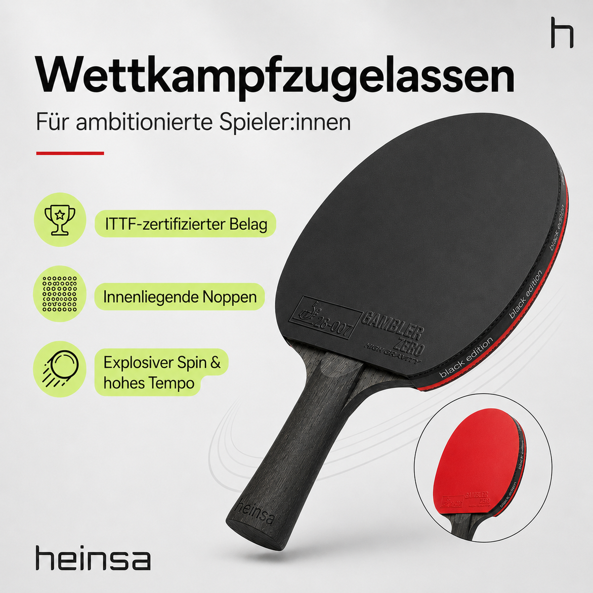 heinsa "black edition" Profi Tischtennisschläger aus Carbon extra Tasche