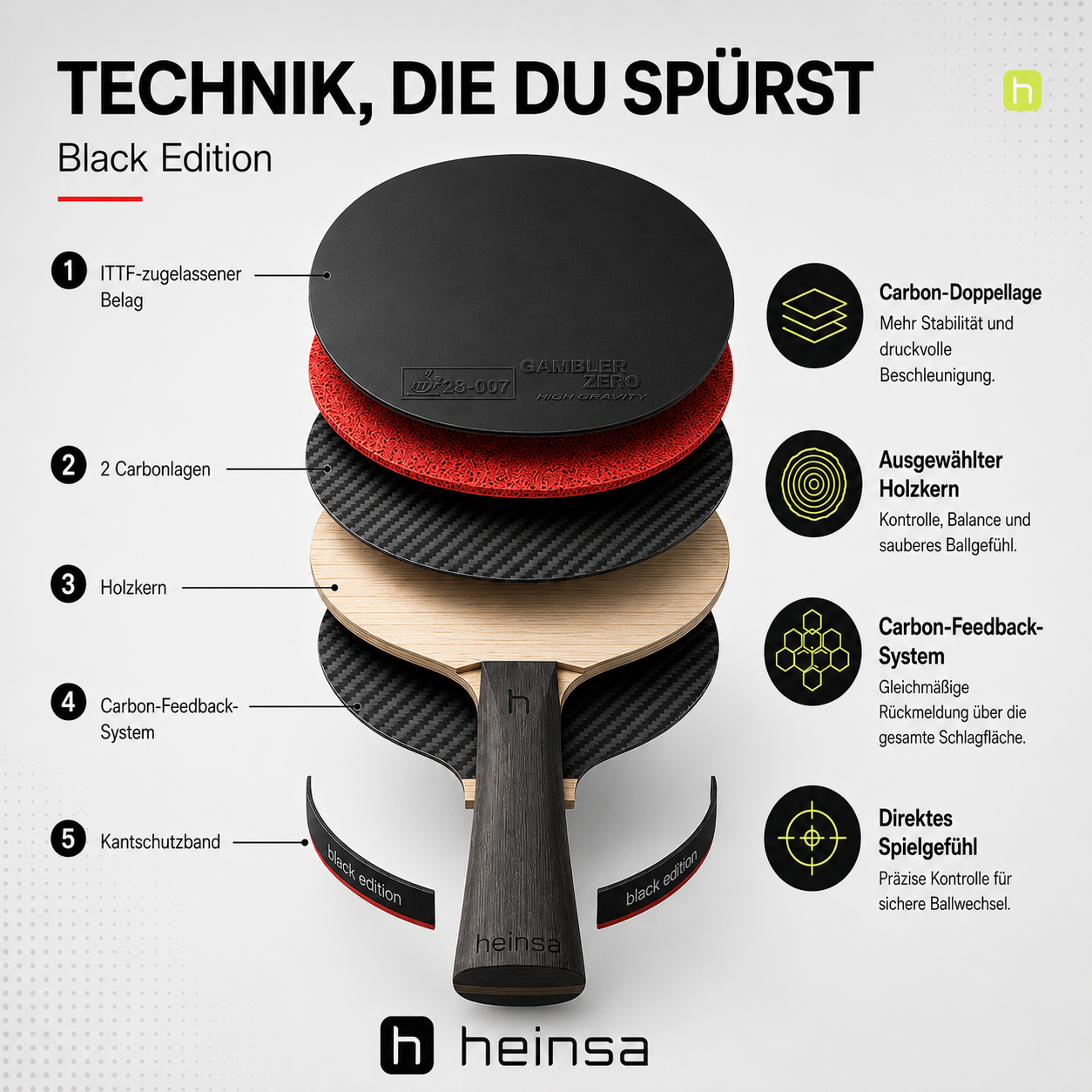 heinsa "black edition" Profi Tischtennisschläger aus Carbon extra Tasche