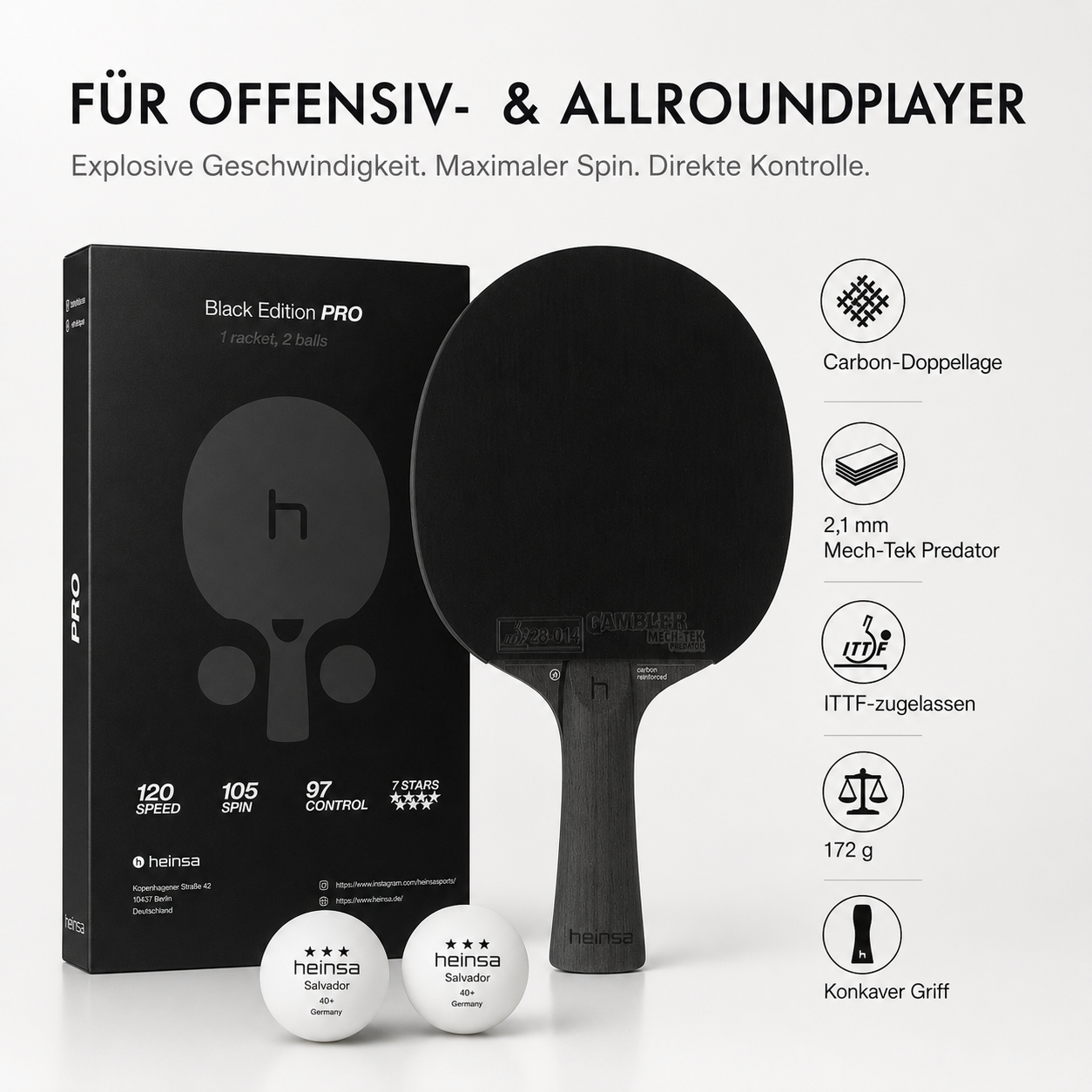 heinsa Black Edition Pro - Carbon Schläger für Spin & Speed
