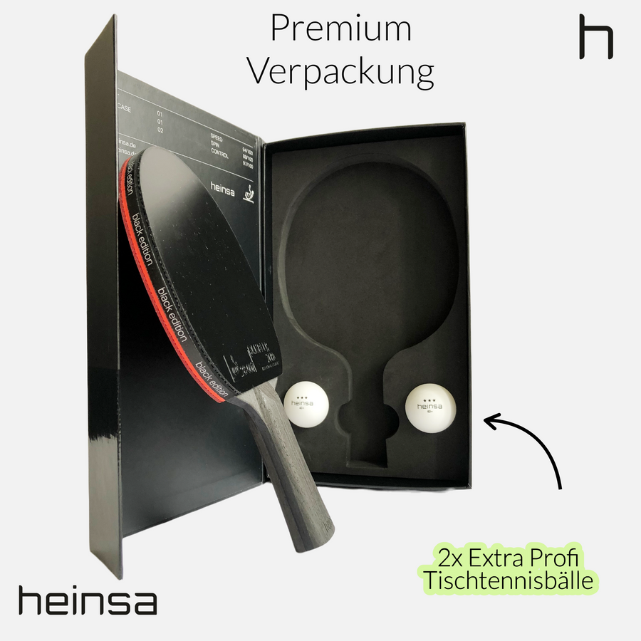 heinsa "black edition" Profi Tischtennisschläger aus Carbon und extra Tischtennisbälle Bundle