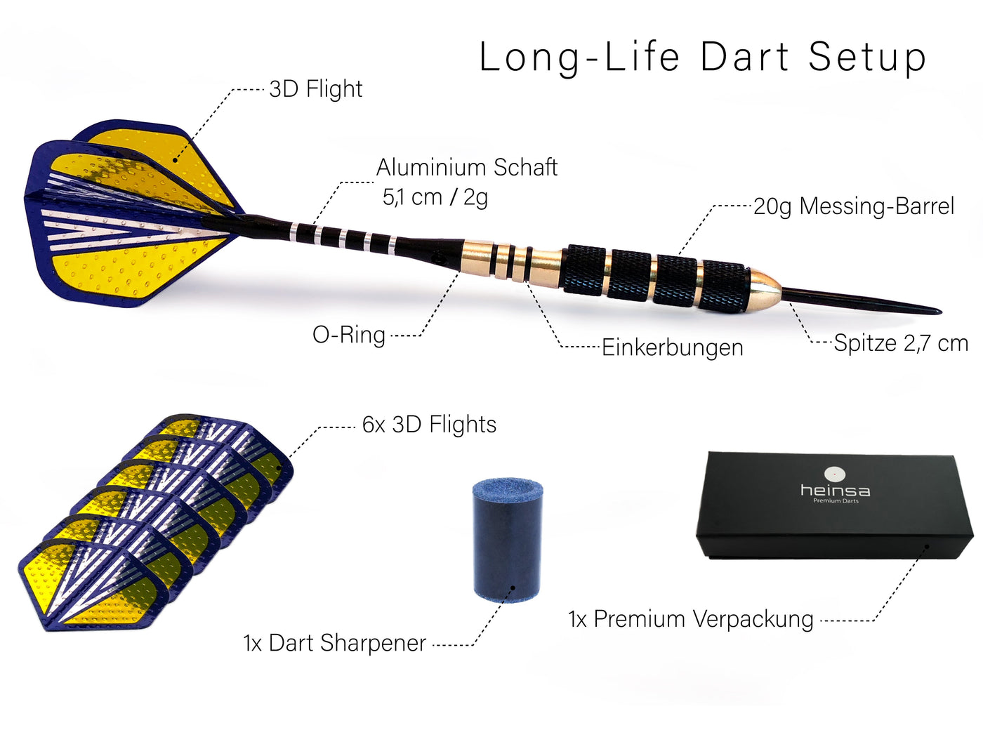 heinsa Dartpfeile mit Metallspitze 20g (3er Set)